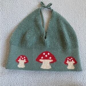 Mushroom Crop Tank Top Halter Large Knit V-Neck Cottagecore Red Green Bralette